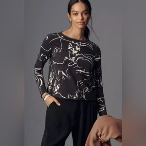 Maeve by Anthropologie The Caitlin Boxy Long Sleeve T-shirt in Cat Print NWT